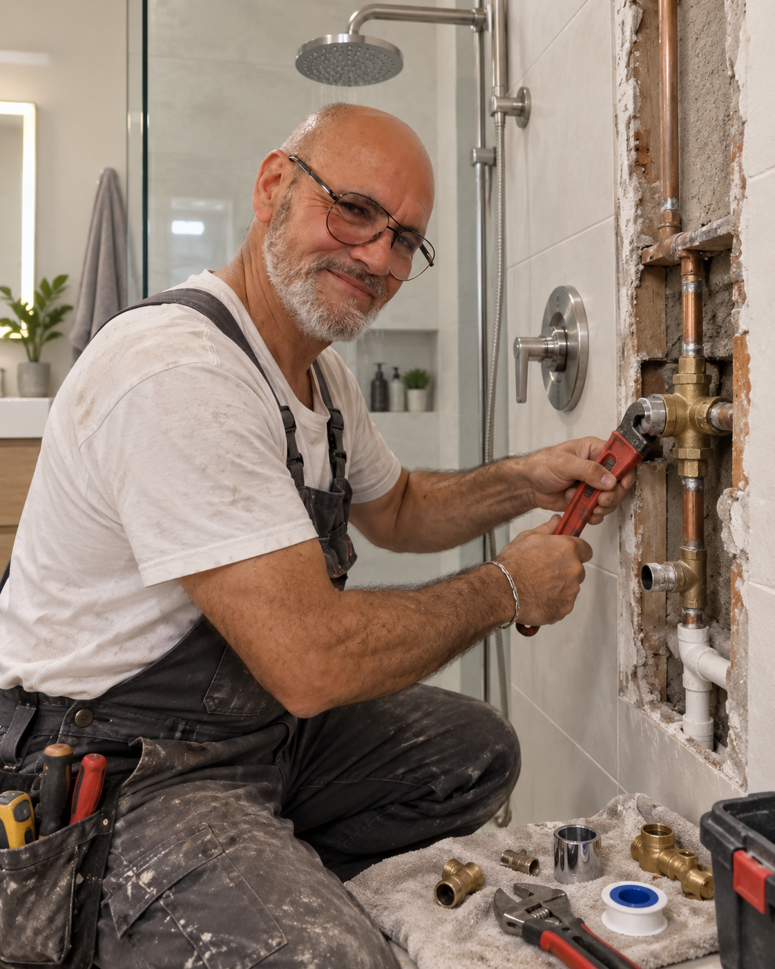 Don Gasfiter reparando cañerías de cobre en un baño